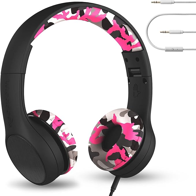 LilGadgets On-Ear Wired Headphones for Kids for School - Pink, Foldable On-Ear Design, 4 ft Braided Nylon Cable - Volume-Limiting & Noise Reduction, SharePort Technology & Kids Wired School Headphones