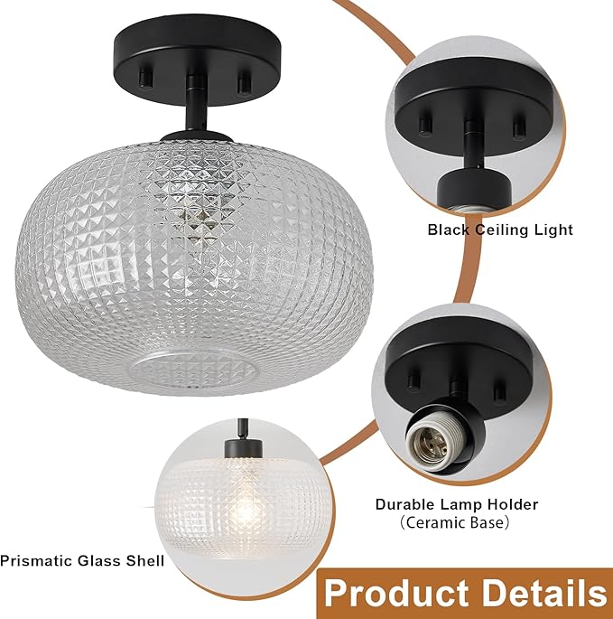 Modern Black Flush Mount Ceiling Light Fixtures,Hammered Globe Ceiling Lighting Adjustable Hanging with Seeded Glass Lampshade for Entryway Bedroom Kitchen Hallway Laundry Room,E26 Lamp,9.84 In