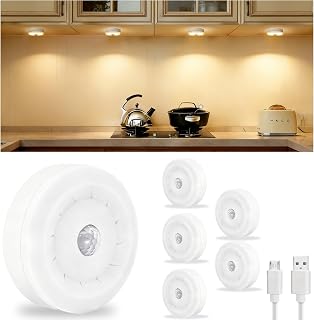 BASON LIGHTING Rechargeable Puck Lights, Wireless Closet Lights Motion Sensor, Automatic Warm White Night Lights for Kitchen, Cabinet, Wardrobe, Hallway, 3000K, 6-Pack.