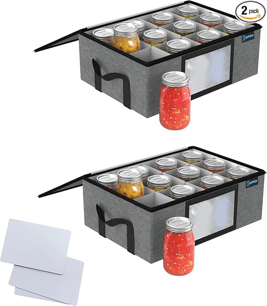 2Pk 16 oz Pint Mason Jar Organizer, Sturdy Pantry Canning Jar Storage Containers, Holds 12 Pint Size Ball Mason Jars, Foldable Canning Organizer, Stackable Home Storage Box w/Lid & Label holder