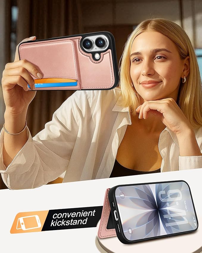 for iPhone 17 Case with Wallet - Fits 4 Card Slots, Compatible with MagSafe for Women Aesthetic Durable PU Leather Credit Card Holder Kickstand Phone Cover for Apple 17, Rose Gold