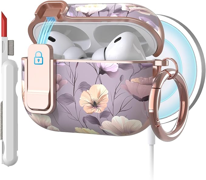 TATOFY for AirPods Pro 3rd (2025) Generation Case with Lock Carabiner Cleaner, Slim AirPod Pro 3 Hard Case Cover, Compatible with MagSafe (Violet)