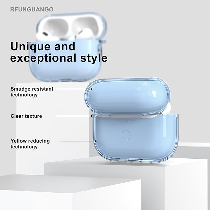 RFUNGUANGO AirPods Pro Case Clear, Soft TPU Transparent with Cleaning Kit & Keychain, Compatible with Magsafe, Compatible Apple AirPods Pro 2nd/1st Generation Protective Case, Blue