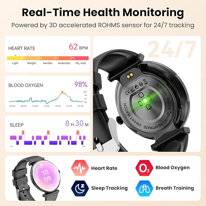 Smart Watch for Women with Android iPhone Compatible[Calls/Metal Thin Body],1.43" Micro-Spherical AMOLED Screen,Sports Watch with Sleep/Heart Rate Monitor,Pedometer for Steps Miles (Pure black)
