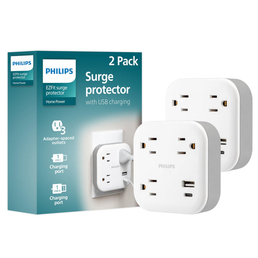 Philips Surge Protector Outlet Extender with USB Ports, 2 Pack, 3 Prong