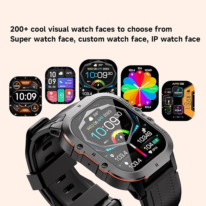 Smart Watches for Men, 1.96" HD AMOLED, Rugged Military (Answer/Calls/Dial) Fitness Tracker, Extra-Long Battery Life, AI Assistant/Sleep Monitor, 100+ Sport Modes, Black & Orange