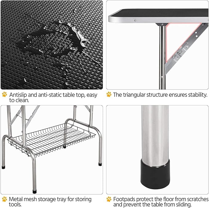 Large Dog Pet Grooming Table, Professional Adjustable Cat Drying Table, Foldable Trimming Station with Arms, Nooses, Mesh Tray, Maximum Capacity Up to 330lbs, 46''/Black