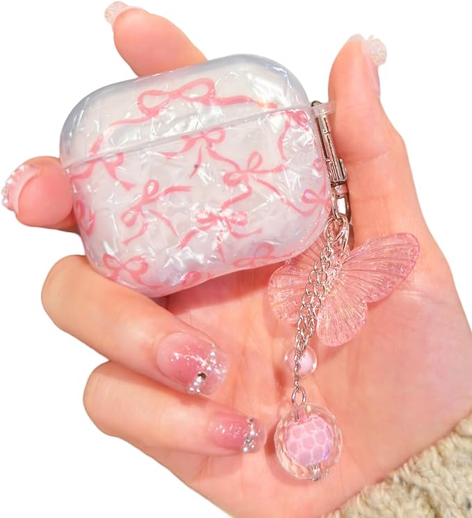 Compatible with AirPods 3rd Generation Case Cute, Shell Pattern Shockproof Protective Cover for Girls Women with Butterfly Keychain Designed for AirPod 3rd Gen 2021, Pink Bow