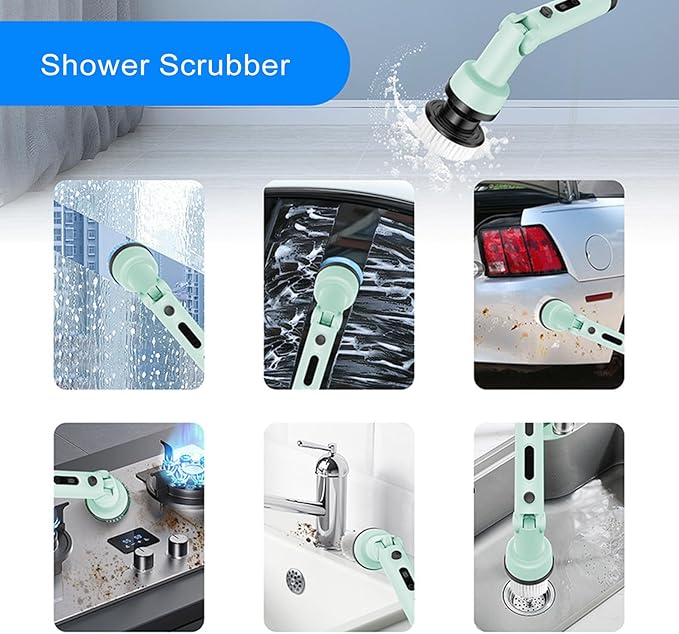 YUYTE Electric Spin Scrubber,Cordless Cleaning Brush with 9 Replaceable Heads,Adjustable Extension Handle, 90 Mins Long Lasting Power for Bathroom, Shower, Tub, Tile, Floor, Car (Green)