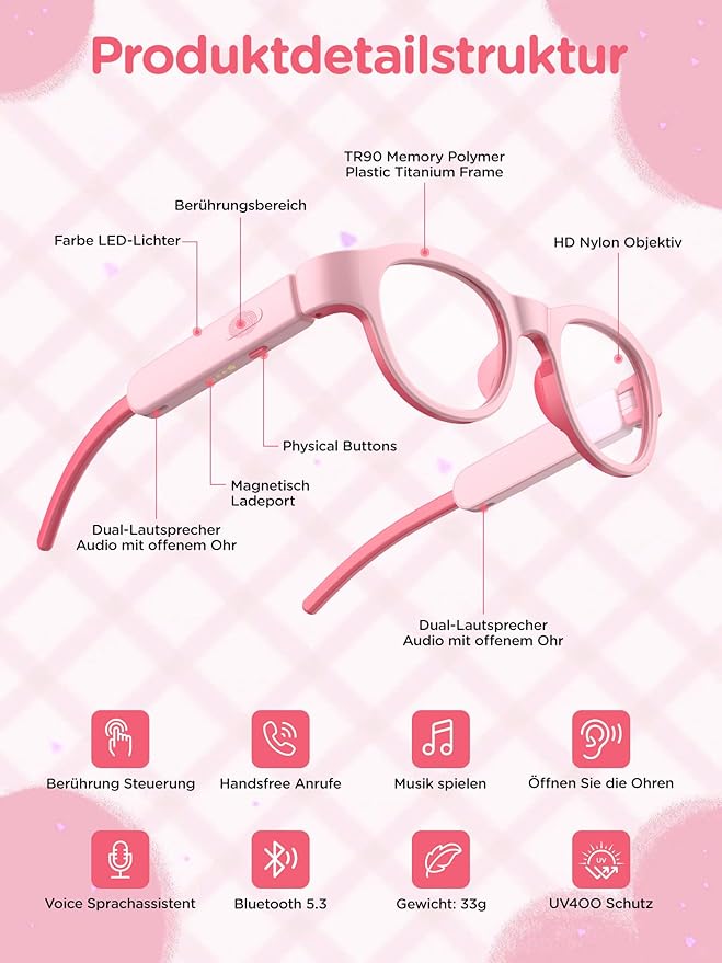 Kids Blue Light Glasses with Bluetooth Audio,Smart glasses,RGB 7-color light, Kids Smart Glasses Gifts