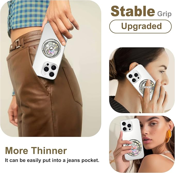 Transparent Magnetic Phone Grip Compatible with MagSafe Phone Ring Holder,360°Adjustable & Removable Silver Snowflake Diamond Laser Design Magnet Stand for Phones and Tablets
