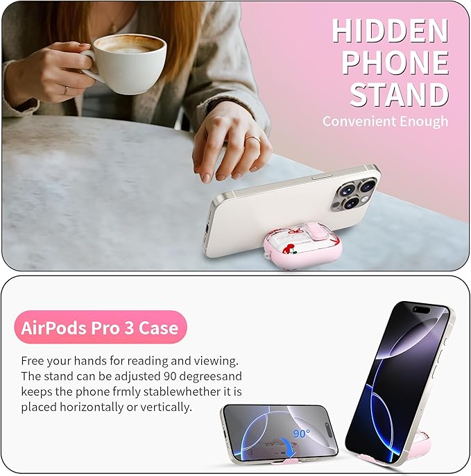 for AirPods Pro 3 Case(2025) with Secure Lock Clip and Phone Stand,Floral Girly Style Protective Cover with Cleaning Kit and Hand Strap for Apple AirPod Pro 3 Generation (Pink Bow)
