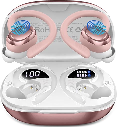 Hupoaf Wireless Earbuds Sport, NEW Bluetooth 5.4 Headphones with Earhooks, 50H Stereo Deep Bass Over Ear Buds with 4 ENC Noise Canceling Mics, IP7 Waterproof Earphones for Running Workout Gym -Pink