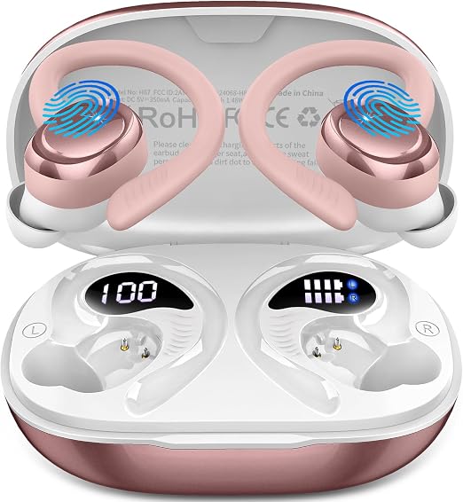 Hupoaf Wireless Earbuds Sport, NEW Bluetooth 5.4 Headphones with Earhooks, 50H Stereo Deep Bass Over Ear Buds with 4 ENC Noise Canceling Mics, IP7 Waterproof Earphones for Running Workout Gym -Pink