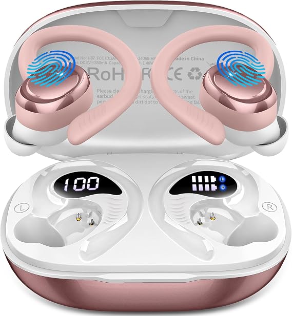 Hupoaf Wireless Earbuds Sport, NEW Bluetooth 5.4 Headphones with Earhooks, 50H Stereo Deep Bass Over Ear Buds with 4 ENC Noise Canceling Mics, IP7 Waterproof Earphones for Running Workout Gym -Pink