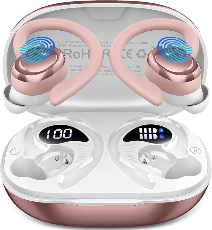 Hupoaf Wireless Earbuds Sport, NEW Bluetooth 5.4 Headphones with Earhooks, 50H Stereo Deep Bass Over Ear Buds with 4 ENC Noise Canceling Mics, IP7 Waterproof Earphones for Running Workout Gym -Pink