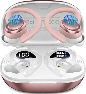 Hupoaf Wireless Earbuds Sport, NEW Bluetooth 5.4 Headphones with Earhooks, 50H Stereo Deep Bass Over Ear Buds with 4 ENC Noise Canceling Mics, IP7 Waterproof Earphones for Running Workout Gym -Pink