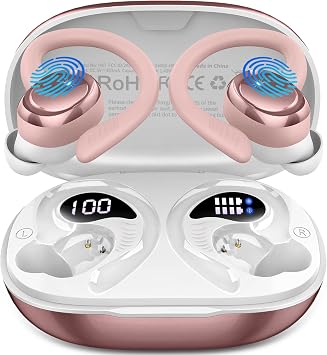 Hupoaf Wireless Earbuds Sport, NEW Bluetooth 5.4 Headphones with Earhooks, 50H Stereo Deep Bass Over Ear Buds with 4 ENC Noise Canceling Mics, IP7 Waterproof Earphones for Running Workout Gym -Pink