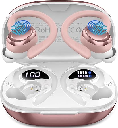 Hupoaf Wireless Earbuds Sport, NEW Bluetooth 5.4 Headphones with Earhooks, 50H Stereo Deep Bass Over Ear Buds with 4 ENC Noise Canceling Mics, IP7 Waterproof Earphones for Running Workout Gym -Pink