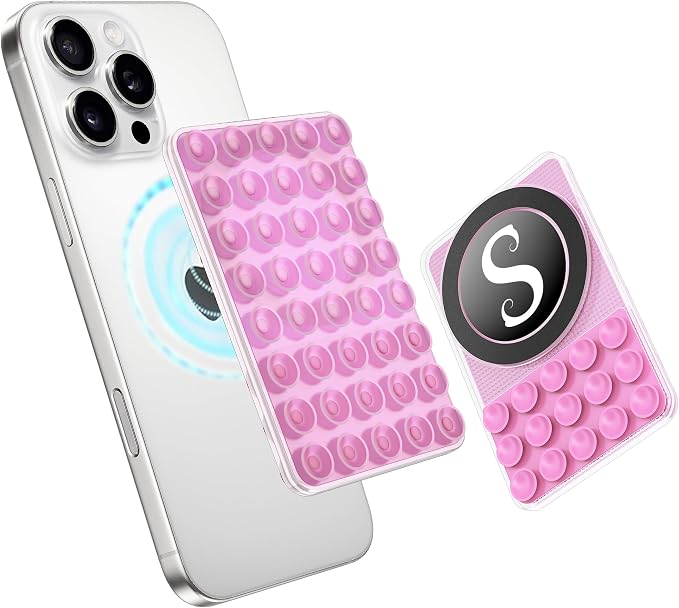 Suction Cup Phone Mount, Silicone Sticky Phone Grip with Magnetic Ring for iPhone & Android, Initial Double Sided Suction Phone Case for Selfies and Videos, Trending TikTok Items - Pink, S