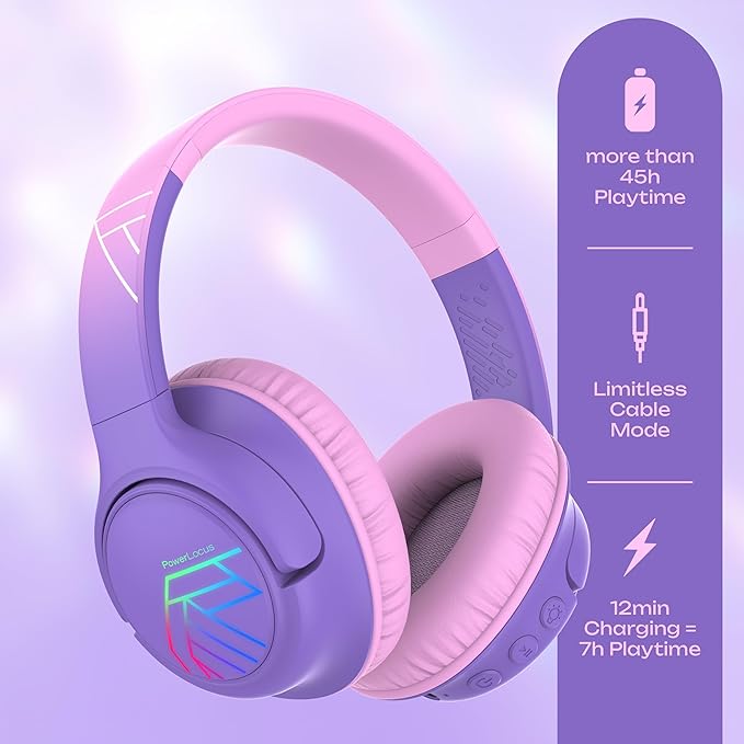 PowerLocus Kids Wireless Headphones, Bluetooth Kids Headphones LED Lights Over Ear with 74/85/94dB Volume Limited, 45H Playtime,Built-in Mic, Two Device Share Mode, HD Stereo for Travel/PC/Tablet
