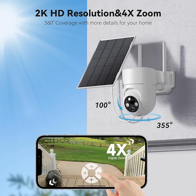Solar Camera Outdoor Wireless, 2K Color Night Vision, Security Cameras Wireless Outdoor with 360°View, Battery Powered, 2.4GHz WiFi, Instant Alerts, IP65