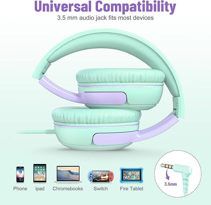 rockpapa Share 1 Kids Headphones Wired with Microphone & Share Port, 85dB/94dB Volume Limited, Cute Foldable Student Child Boys Girls Headphones for School/Classroom/Travel Green/Purple