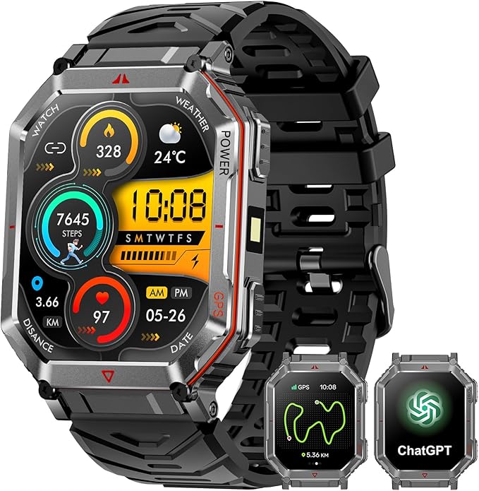 GPS Military Smart Watch for Men，GPT Voice Assistant，Smartwatch with LED Flashlight，2.01" HD Display Bluetooth Call，Fitness Tracke with Multiple Sports Modes，Compatible with Android & iOS