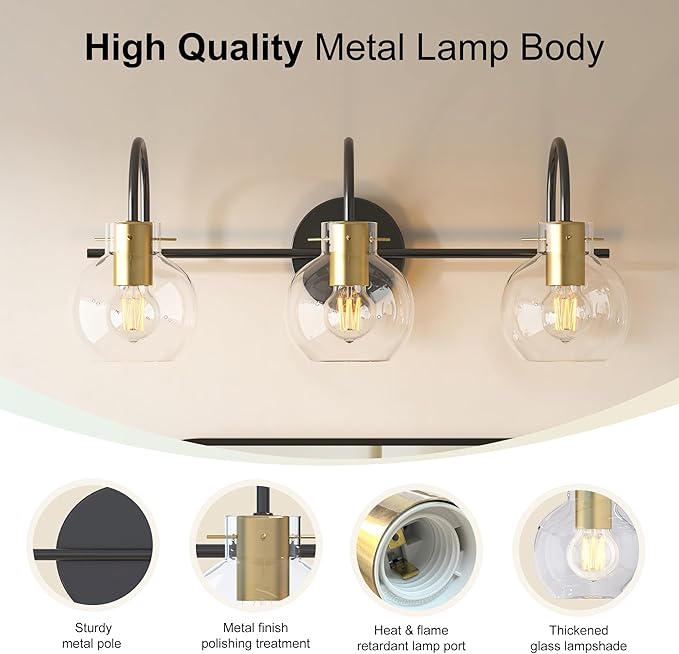 Bathroom Vanity Light Fixtures,3 Light Brushed Black Wall Sconces, Modern Bathroom Lighting Over Mirror, UL Certified with Glass Shades, Vanity Lights for Bathroom, Bedroom, Hallway