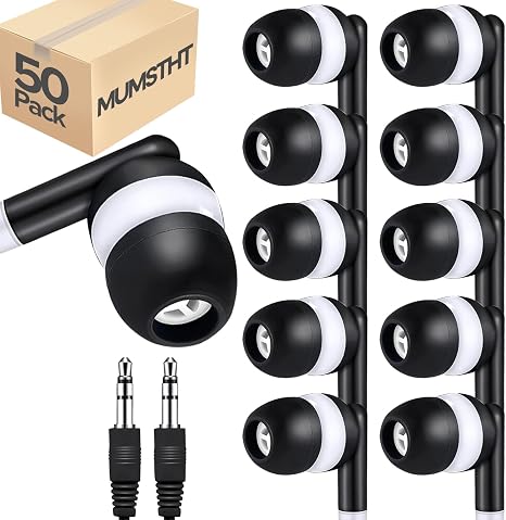 50 Pack Bulk Kids Earbuds for Classroom,Student Wired in Ear Headphones for School Librariy,3.5mm Jack,Wholesale Earphones for Chromebook Laptop PC（Black,YS101）
