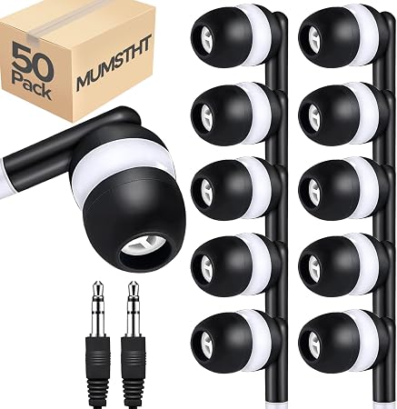 50 Pack Bulk Kids Earbuds for Classroom,Student Wired in Ear Headphones for School Librariy,3.5mm Jack,Wholesale Earphones for Chromebook Laptop PC（Black,YS101）