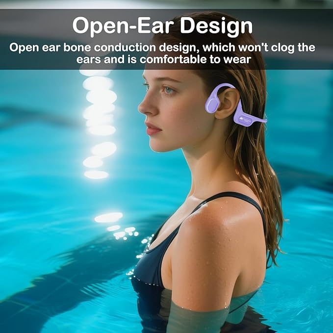 Bone Conduction Swimming Headphones, IP68 Waterproof Earbuds with 32GB MP3, Bluetooth 5.4 Open Ear Sport Earphones, Underwater Headphones for Swimming, Running, Cycling, Marathon-SurfAudio(violet)