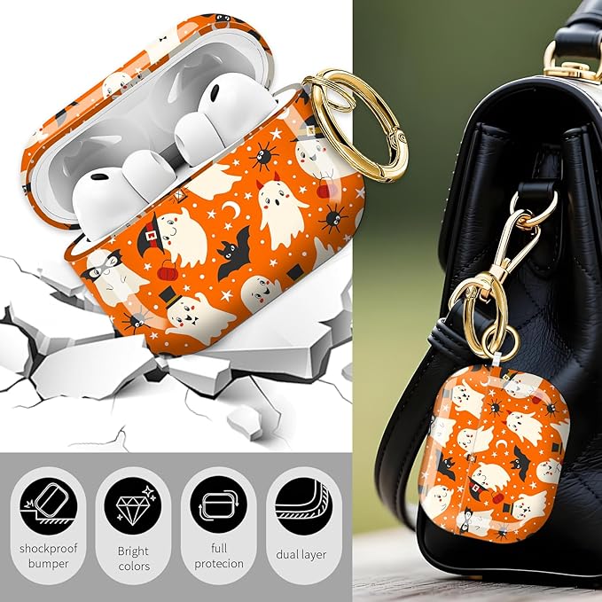Cute Hard Case Compatible with AirPods Pro 3rd Generation Case (2025), Shockproof Protective Cover with Golden Keychain Ring Clip (Cute Ghosts Bats)