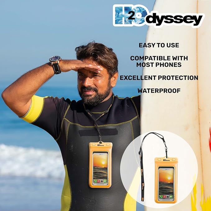 H2ODYSSEY Waterproof Phone Case and Lanyard - Excellent Waterproof Protection - Floats in The Water -Lanyard for Beach Kayak Travel - Universal Size - Orange