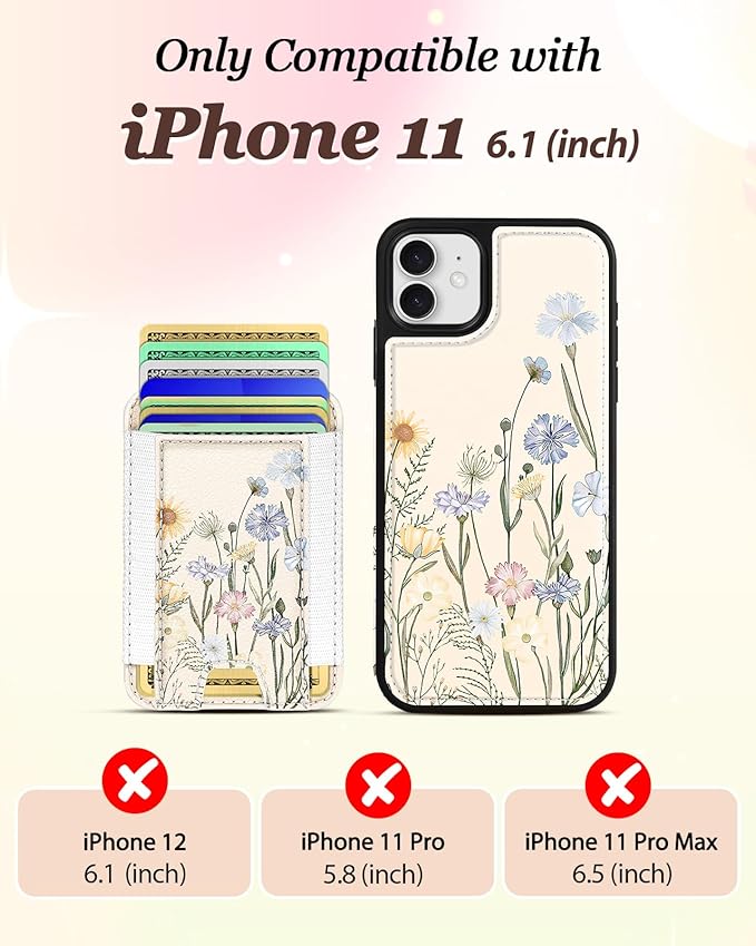 Shorogyt for iPhone 11 Wallet Case - Fits 5 Cards, Compatible with Magsafe Detachable Magnetic Credit Card Holder Leather Cardholder Cute Phone Cover Women Girls for Apple 11, Color Flower