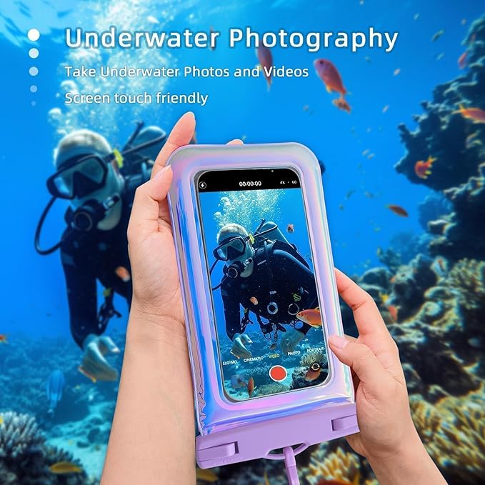 Floatable Waterproof Phone Pouch Case 2 pax for iPhone 17 16 Pro Max/15/14/13/12,IP68 Travel Cellphone Dry Bag Beach Cruise Ship Essentials Bags with Crossbody Lanyard, Iridescent Purple and Black-7″