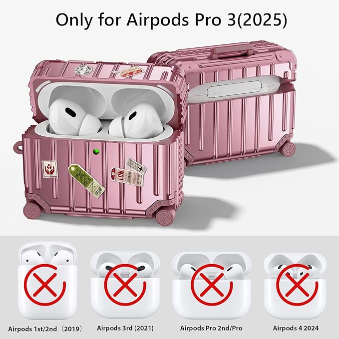 Filoto Compatible with Airpods Pro 3 Case 2025, Cute Fashion Suitcase Design for Airpods Pro 3rd Generation Case Cover, Shockproof Protective Hard Case with Keychain/Cleaner Kit (Rose Gold)