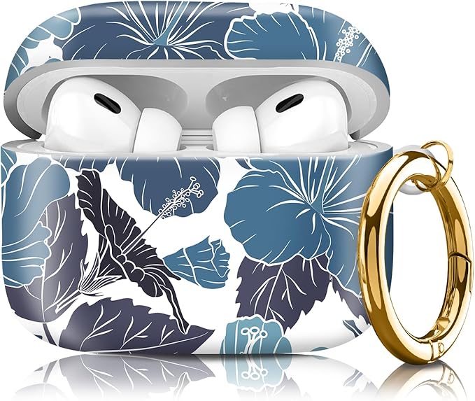 Compatible with Airpod pro 2nd/1st Generation Case Cover with Gold Round Keychain Cute Pattern Hard & Anti Slip Cover for Men Women & Girls（Lotus Leaf）