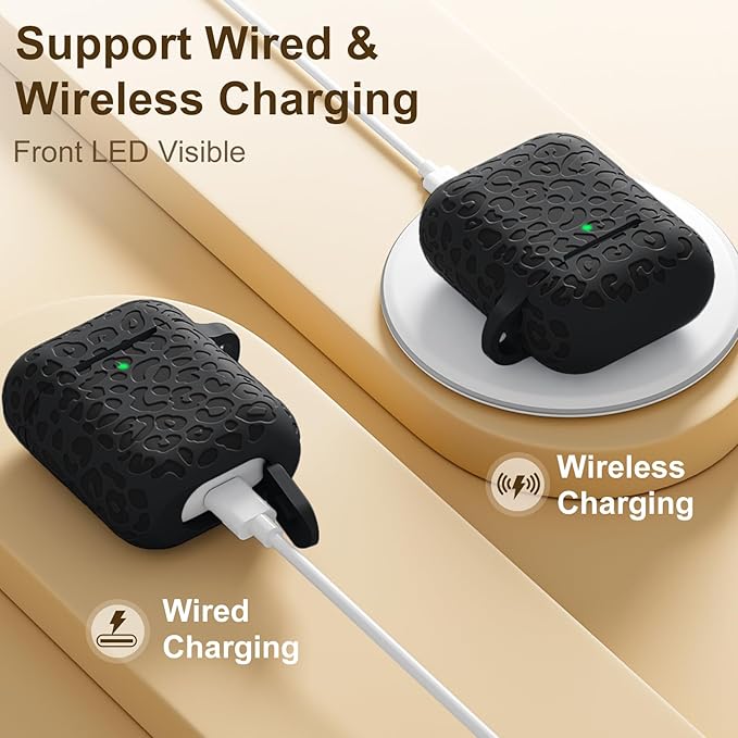 for Airpod Case &2nd Generation Leropard Engraved Skin Cover Compatible with Apple AirPods 2nd/1st Charging,Cute Soft Silicone Full Protective, Front LED Visible, Black