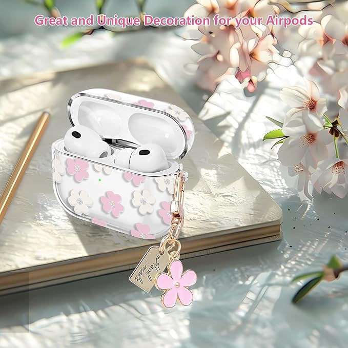 for Airpods Pro 3 Case Clear,Cute Pink Floral Design for Airpods Pro 3 Case Cover,Shockproof Soft TPU Skin Accessories with Girly Flower Keychain&Cleaning Pen for Women Girls-Crystal