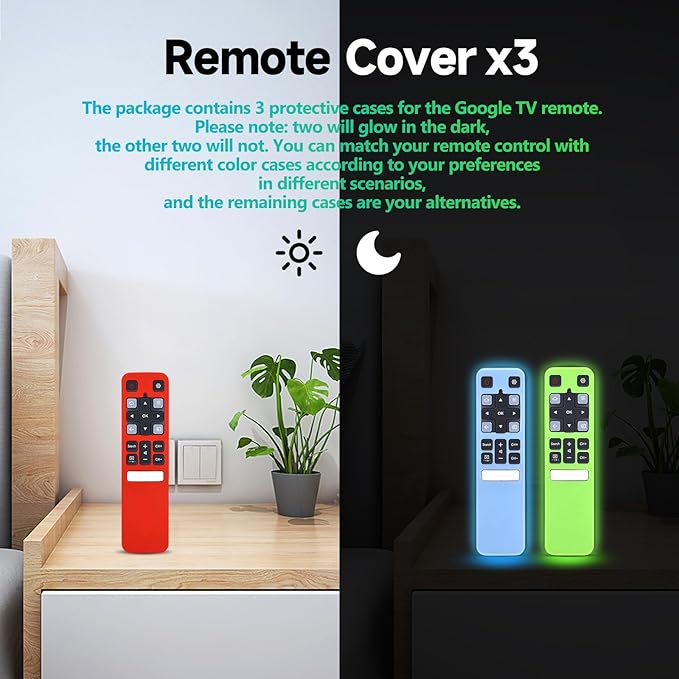 [3 Pack] Protective Cover for TCL RC802V FMR1 FNR1 Smart Voice Remote Control, Silicone Protective Cover Shockproof Anti Slip Anti-Lost Glowing Remote Protector,Glow Blue + Glow Green + Red