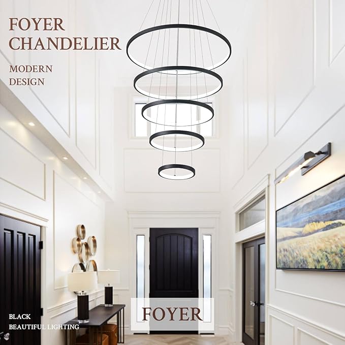 5 Ring Modern LED Chandelier Dimmable Black High Ceiling Chandeliers for Foyer, LED Contemporary Large Pendant Lighting with Remote Control Circular for Living Room Staircase, 3000K-6500K