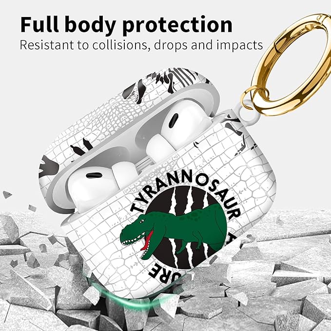 Compatible with Airpod pro 2nd/1st Generation Case Cover with Gold Round Keychain Cute Pattern Hard & Anti Slip Cover for Men Women & Girls（Dinosaur Footprints）