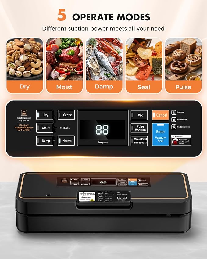 Vacuum Sealer for Food, 95kPa Food Vacuum Saver Sealer Machine, 135W 12L/min Fast-Sealing with Auto Tear-Cut,Digital Timer, Built-in Cutter, Bag Storage and One Bag Roll, 9-in-1 Compact Vacuum Sealer