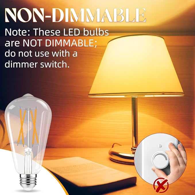 E26 Bulb, Non-Dimmable Edison Bulbs 60 watt LED Equivalent, 2700K Warm White, ST58 Vintage Light Bulbs, 90+ CRI, 6W 600LM, E26 Medium Base, Clear Glass, 18 Pack