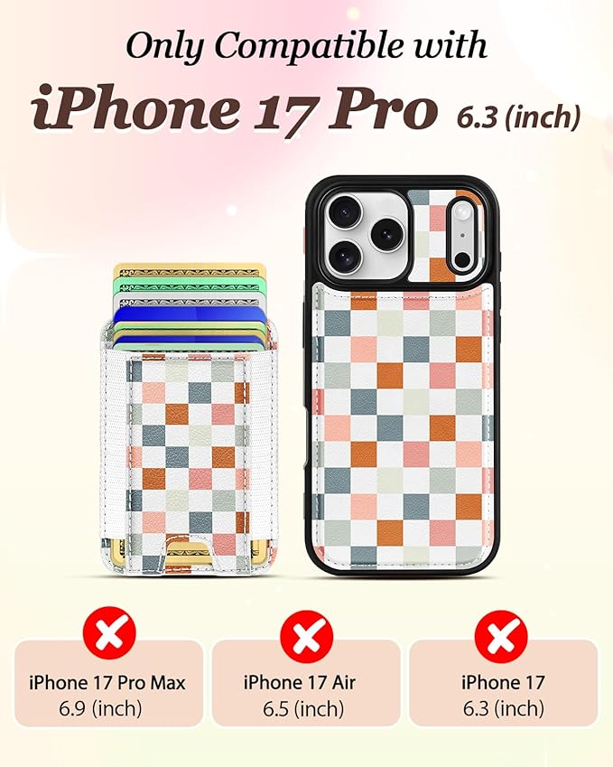 Shorogyt for iPhone 17 Pro Case Wallet - Fits 5 Cards, Compatible with Magsafe Detachable Magnetic Credit Card Holder Leather Cardholder Cute Phone Cover Women Girls for Apple 17Pro, Checkered