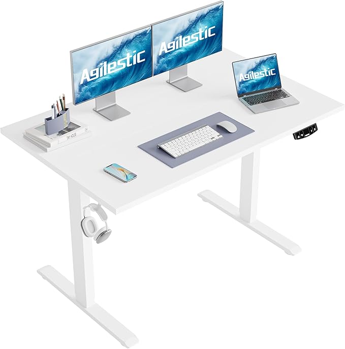 Agilestic Height Adjustable Electric Standing Desk, 55 x 24 Inches Stand Up Desk, Ergonomic Raising Computer Table with Memory Preset Button, Two-Piece Desktop, White