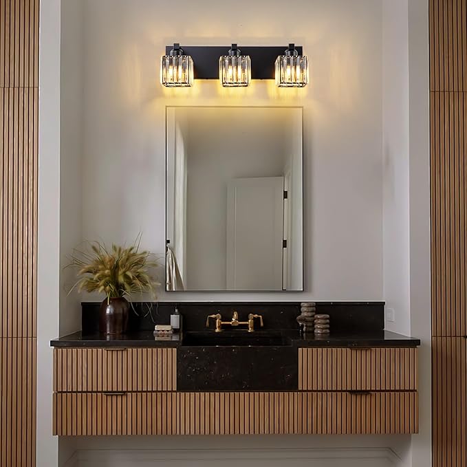 3-Light Black Bathroom Vanity Light, 19.7" Modern Crystal Bathroom Light Fixtures Over Mirror, Black Wall Light