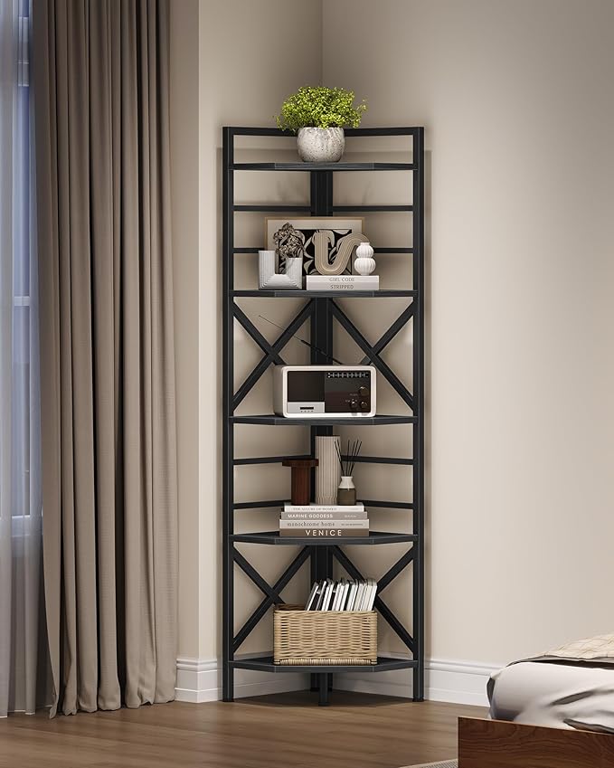 69.3" Corner Shelf 5-Tier, Large Corner Shelving Unit, Freestanding Storage Stand for Bedroom, Living Room, Kitchen, Industrial Engineered Wood Bookshelf Organizer, Black TCJ15BB