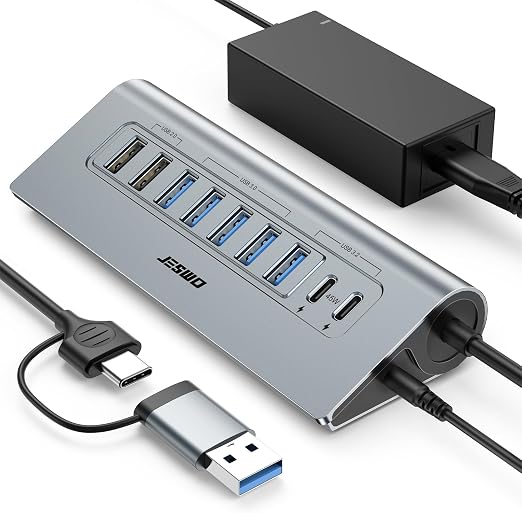 Powered USB Hub 10Gbps, JESWO 9-Port USB 3.2 Hub with USB-C 45W Charging